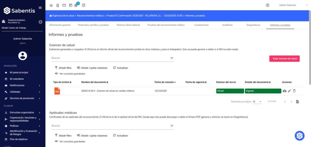 Informes y pruebas: examen de salud y documento oficial en Sabentis Prime.