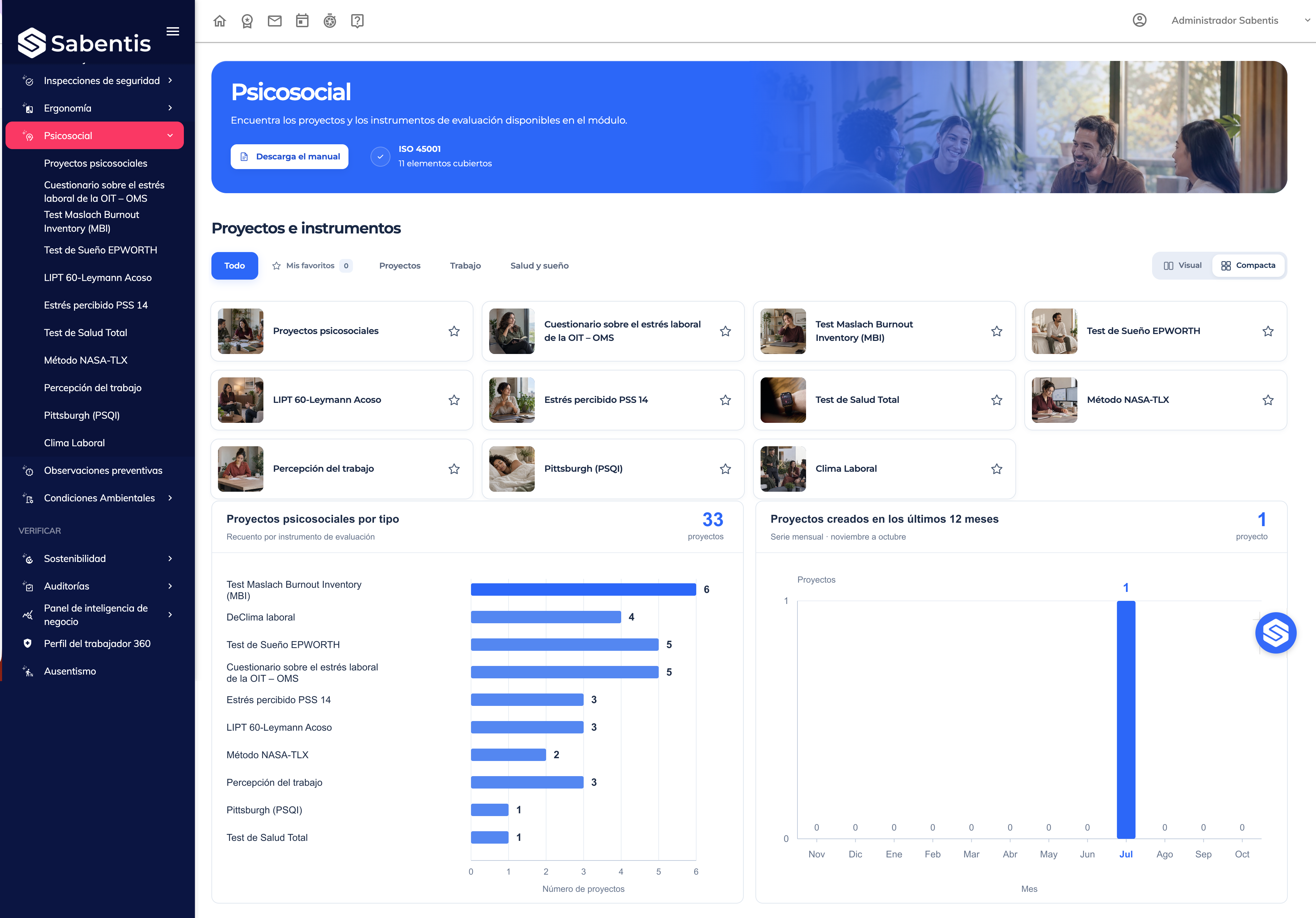 Psicosocial: 33 proyectos por tipo y 1 proyecto creado en julio en la serie de 12 meses