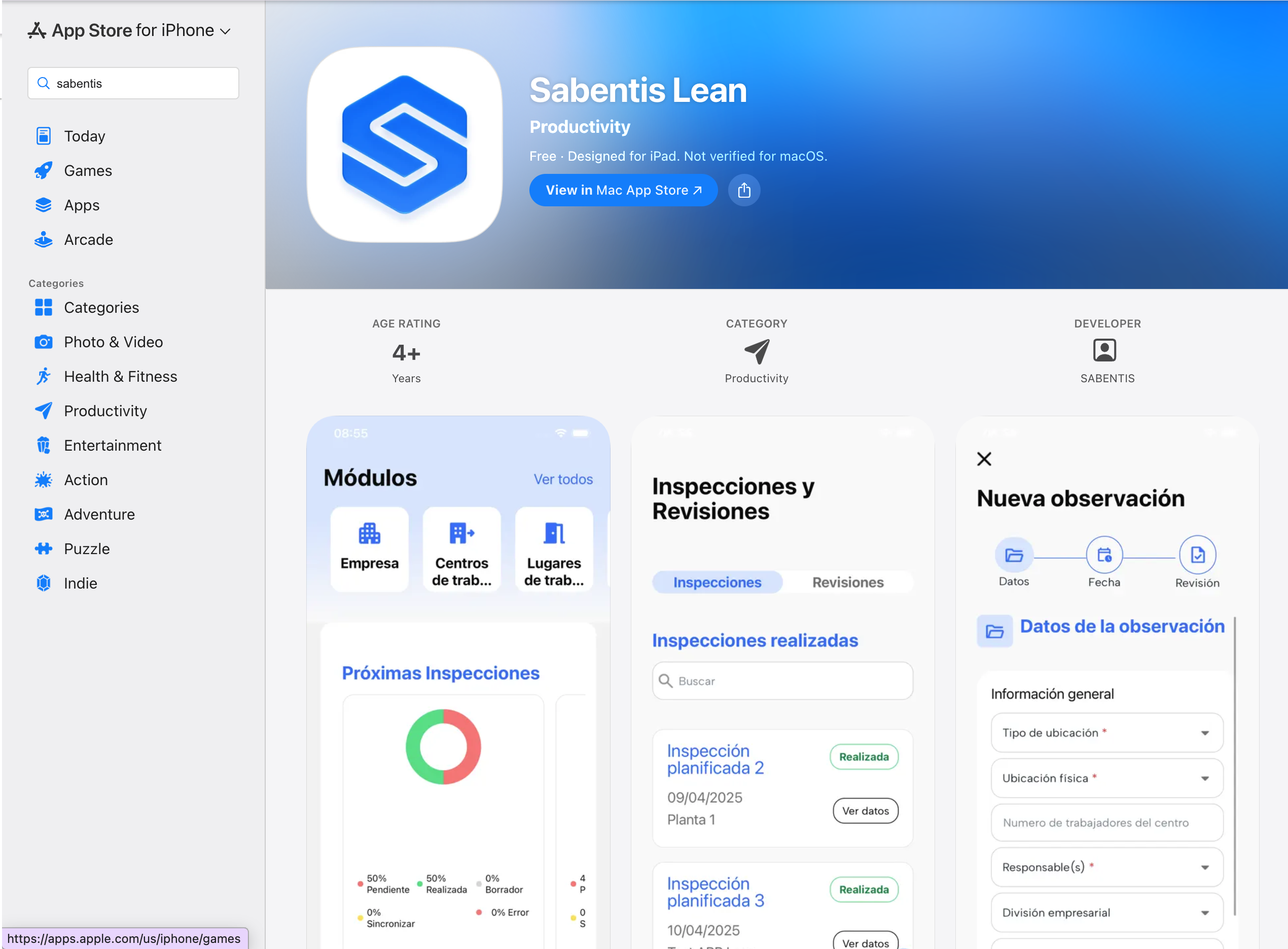 Sabentis Lean en App Store con sus pantallas de módulos, inspecciones y observaciones